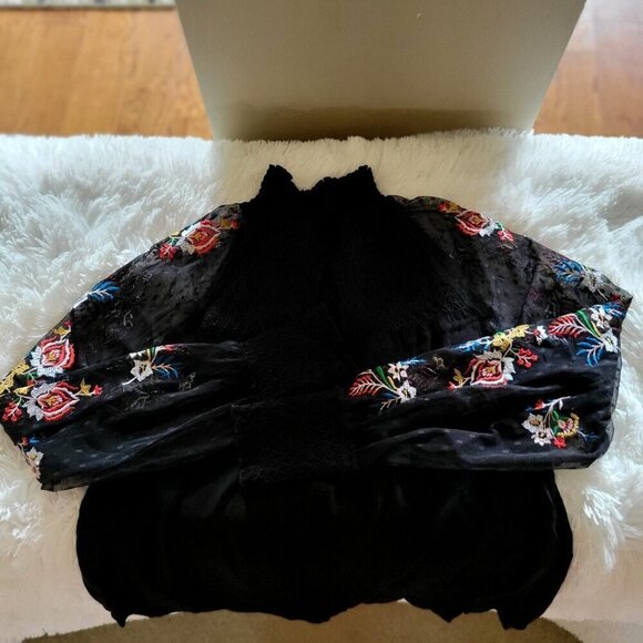 BANJARA Black Long Sleeve High Neck Sheer Lace Embroidered Blouse- S - Picture 5 of 7